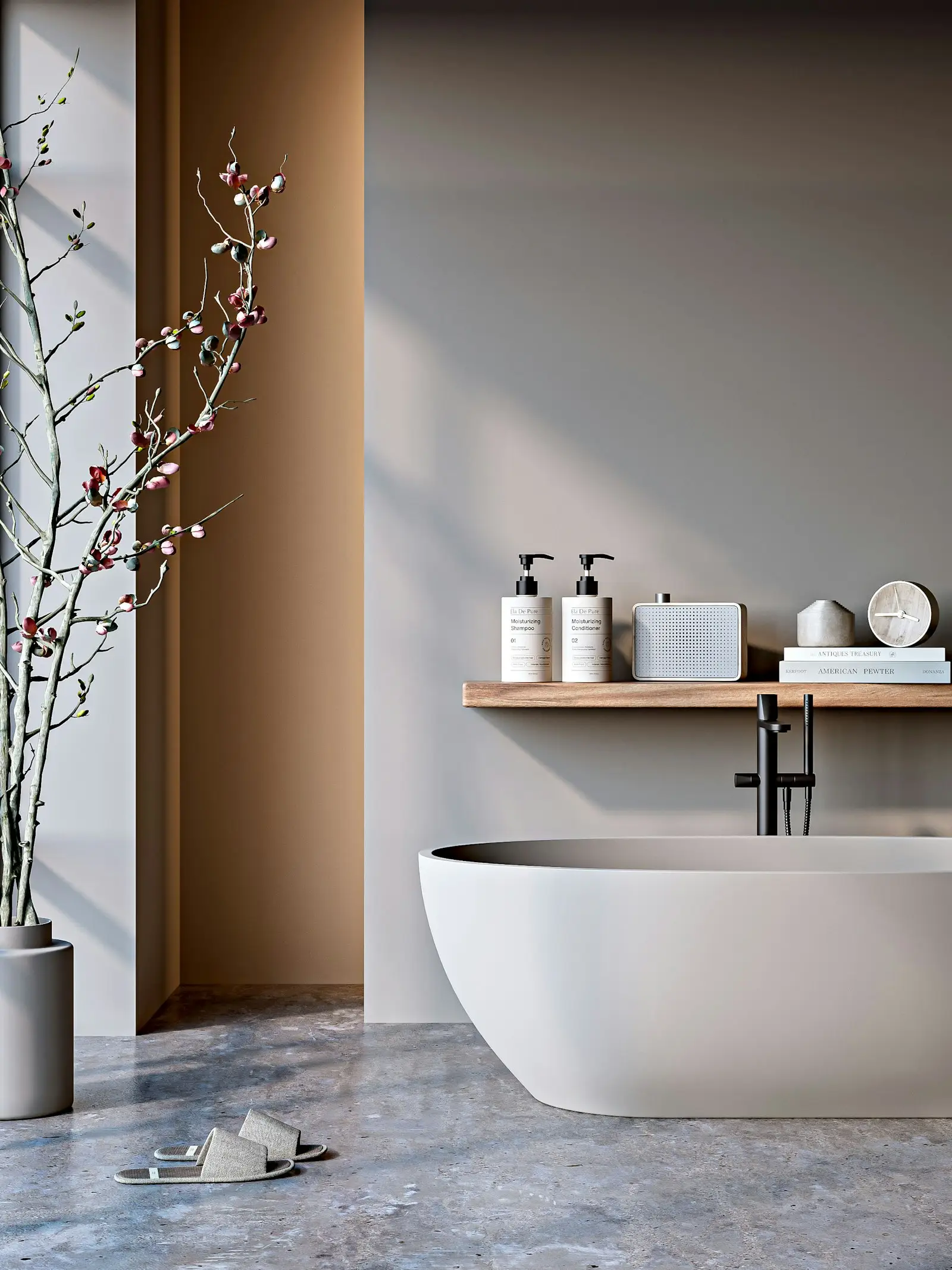 Yenilenmiş aydınlık banyo: küvet, ahşap detaylar ve doğal ışık