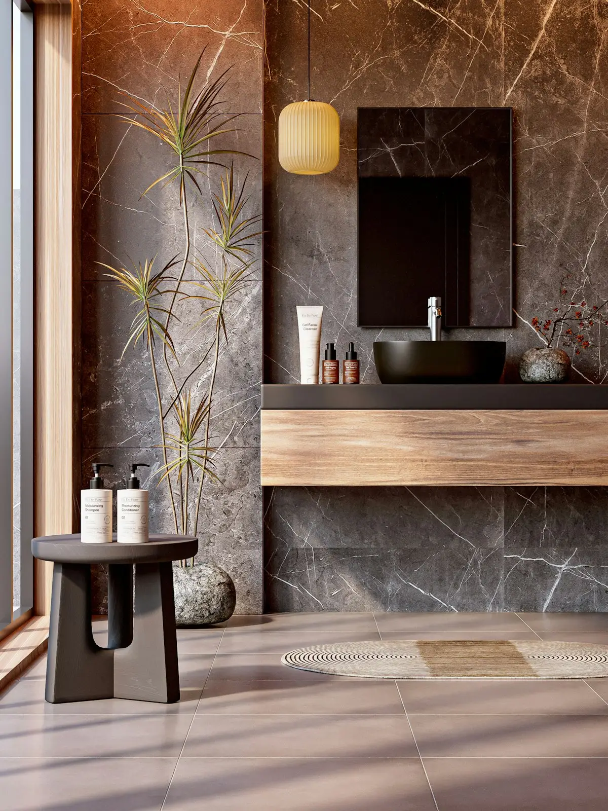 Mermer kaplamalı, koyu tonlu modern banyo