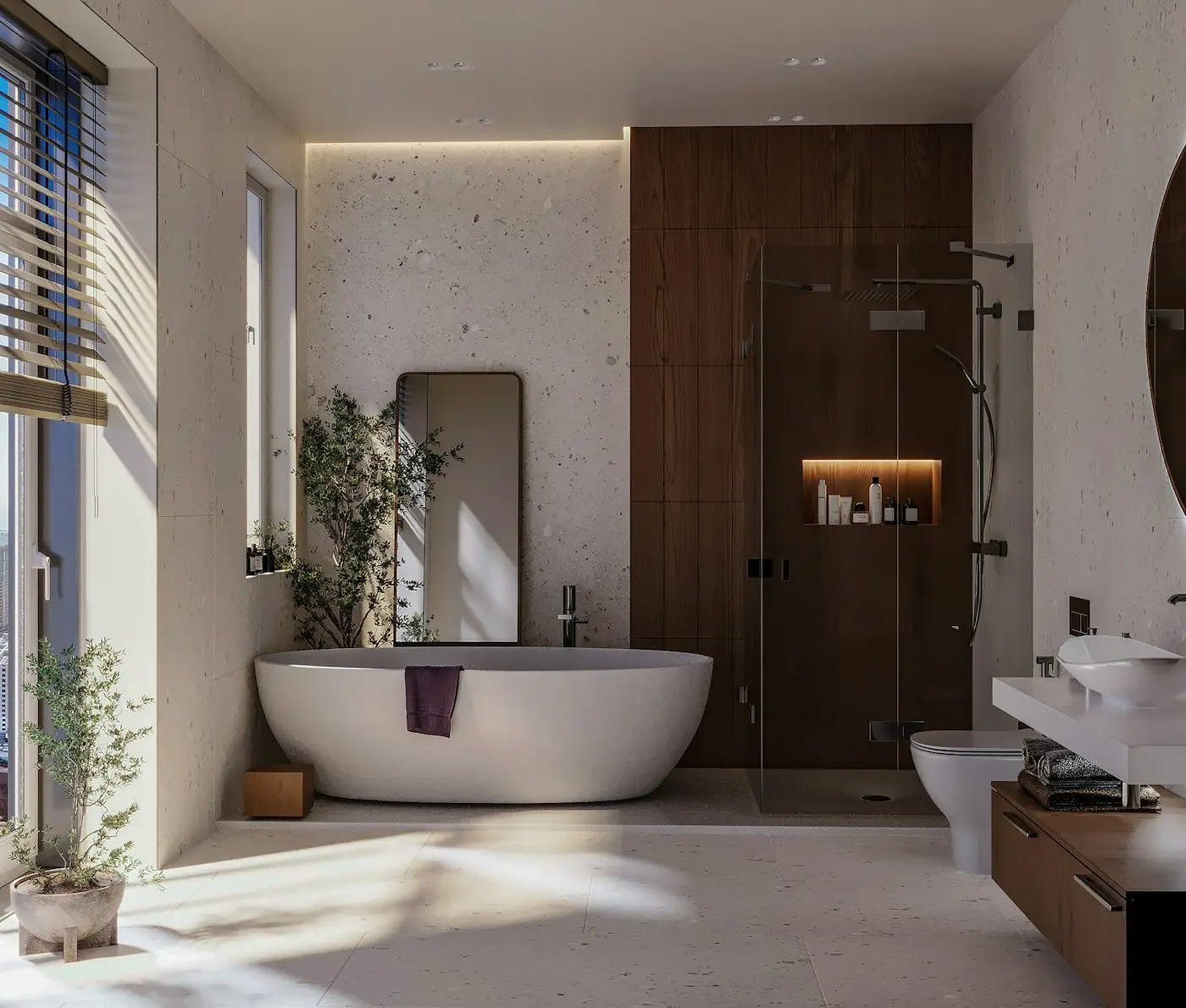 Yenilenmiş, aydınlık ve modern bir banyo iç mekânı